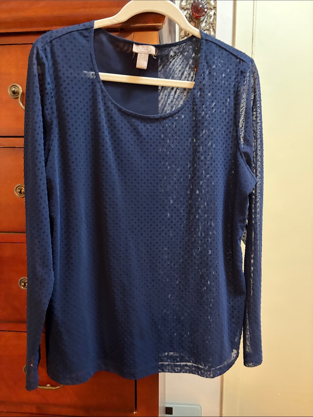 Chico's Navy Blue Long-Sleeve Sheer Dot Top